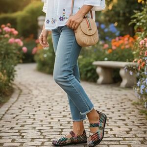 HEAL USA Multi-Color Woven Mary Jane Flats | Rainbow Elastic Sneakers | Size 9.5